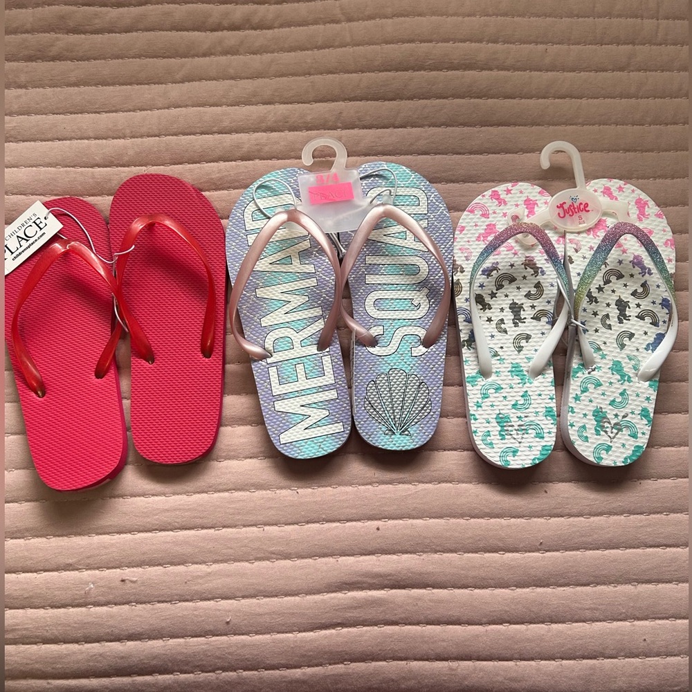 Colorful kids justice and children’s place 3 Flip Flop Set size 3/4 and 2/3 NWT